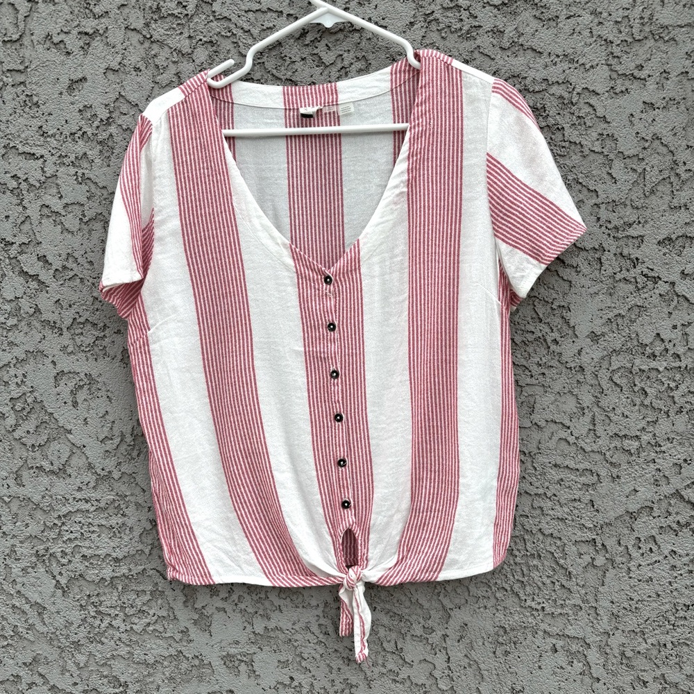 ROXY Striped Front Tie Short Sleeved V Neck Button Down Top